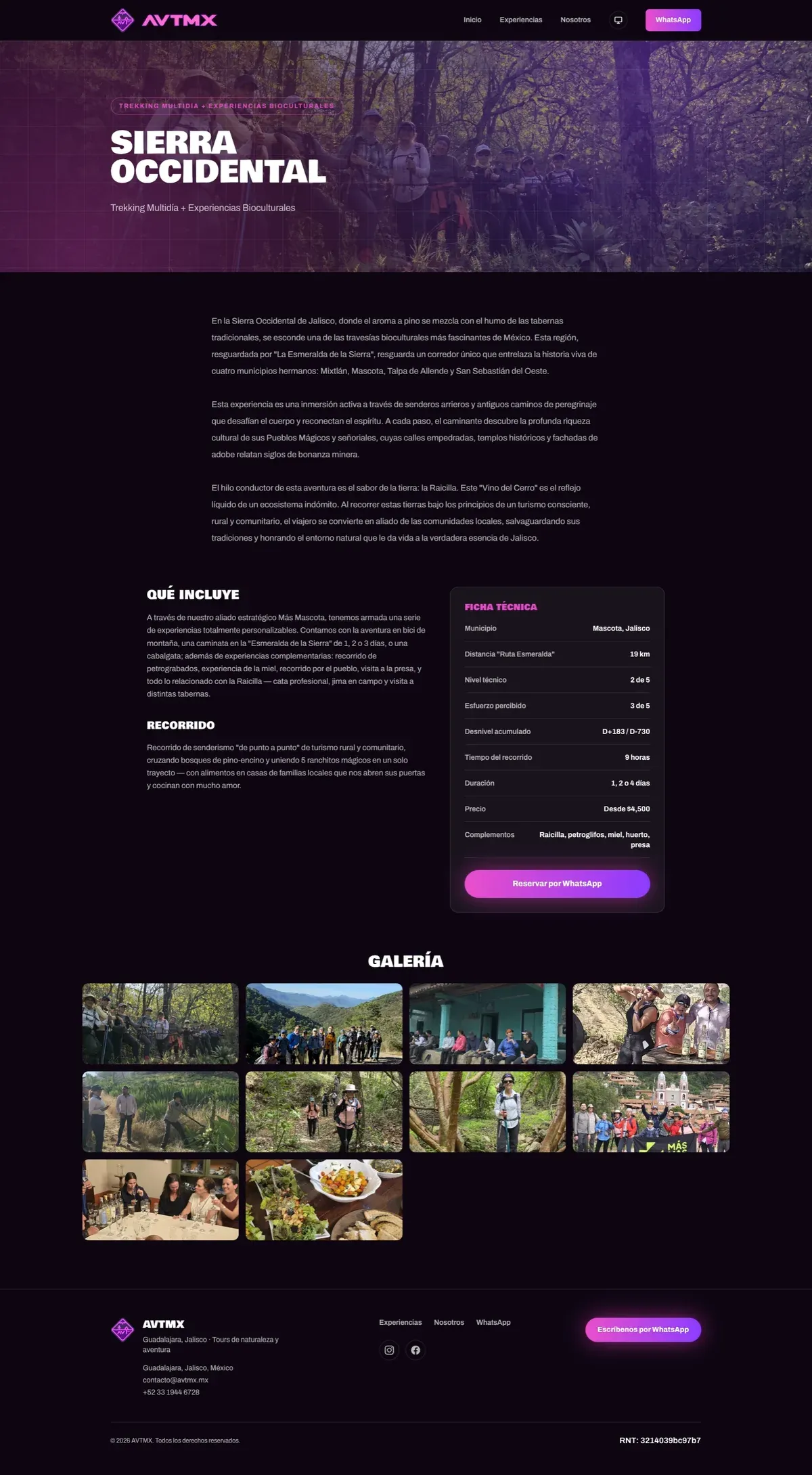 Route page for Sierra Occidental, with its technical details and gallery
