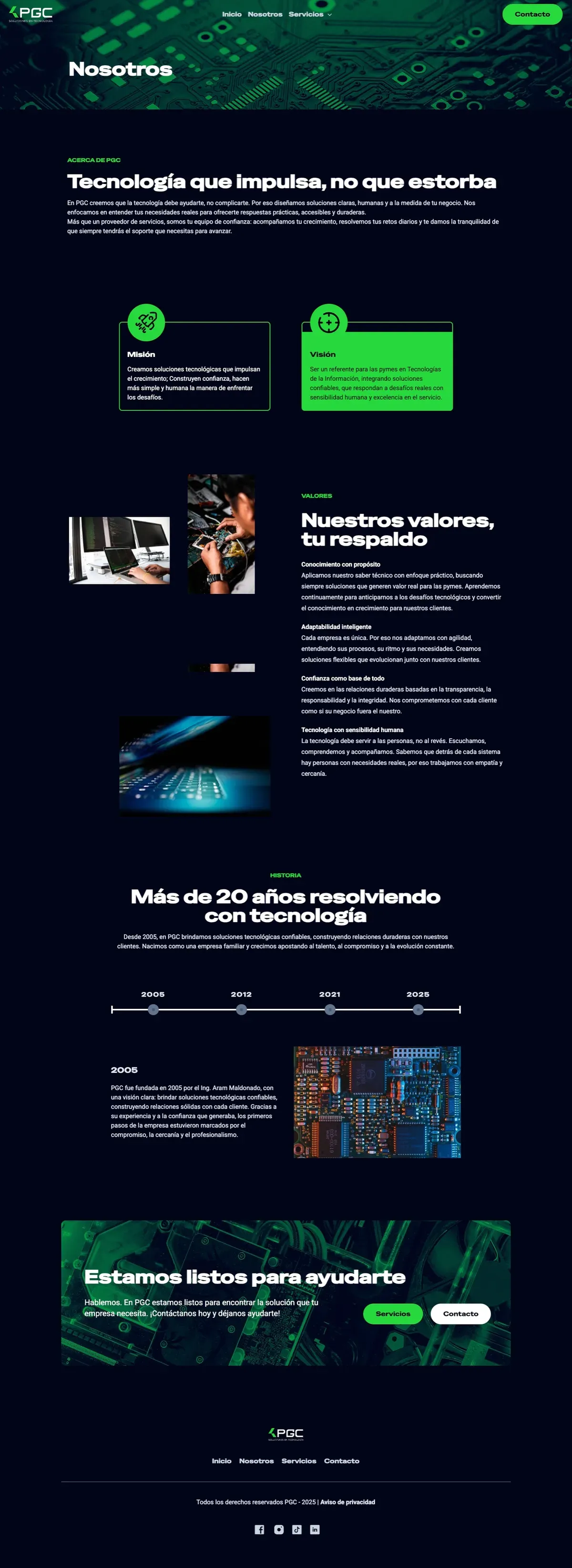 About page with mission, vision, values and the company timeline