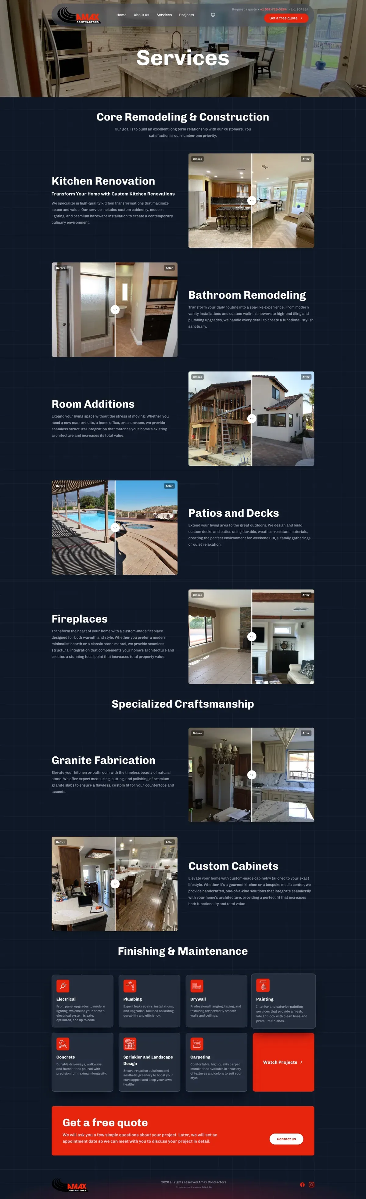 Services page with before-and-after sliders