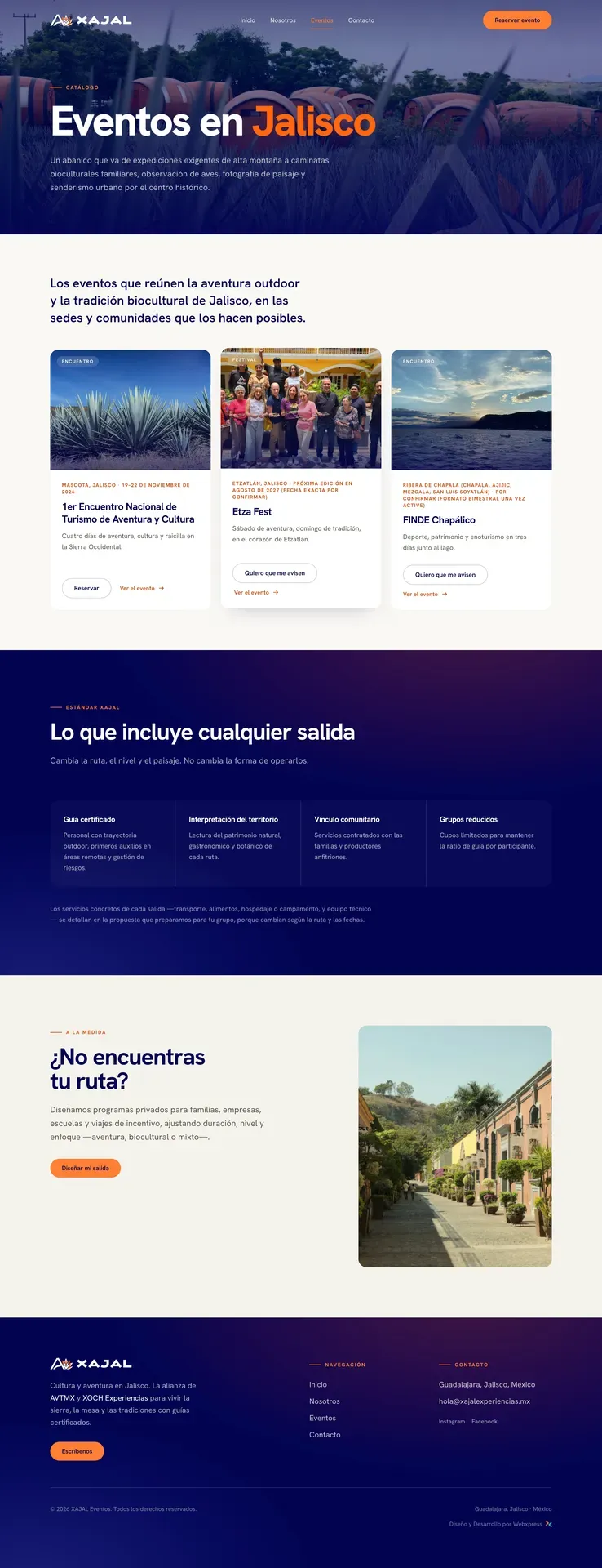 Catálogo de eventos con tres tarjetas y el estándar incluido en cada salida
