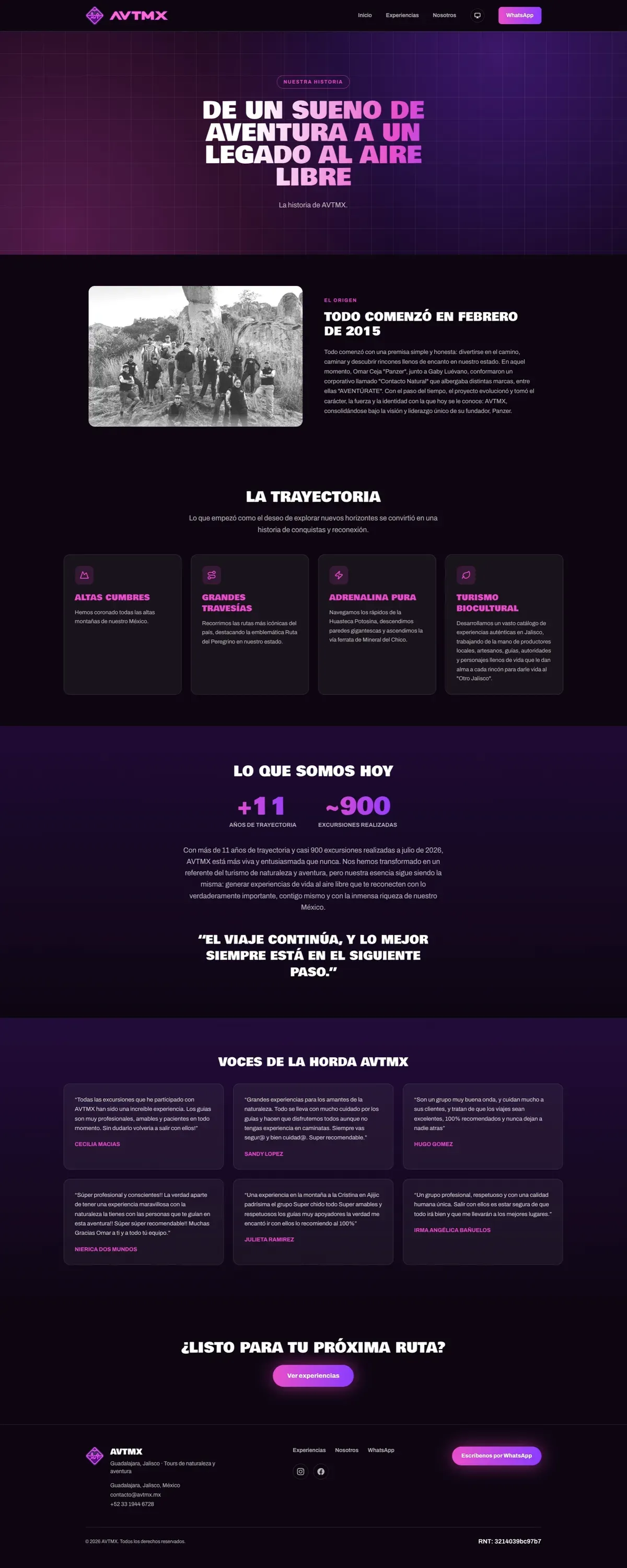 Our Story page with the collective's history and milestones