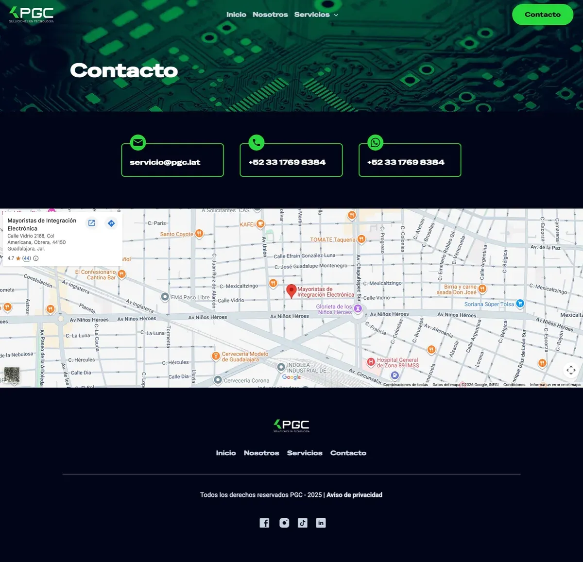 Contact page with phone, email, WhatsApp and a map of the location
