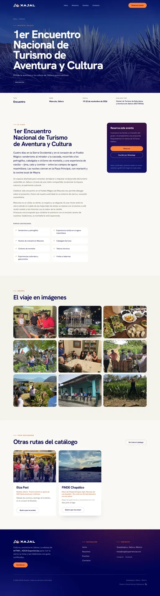 Página del 1er Encuentro Nacional de Turismo de Aventura y Cultura, con tarjeta de reserva y galería de fotos