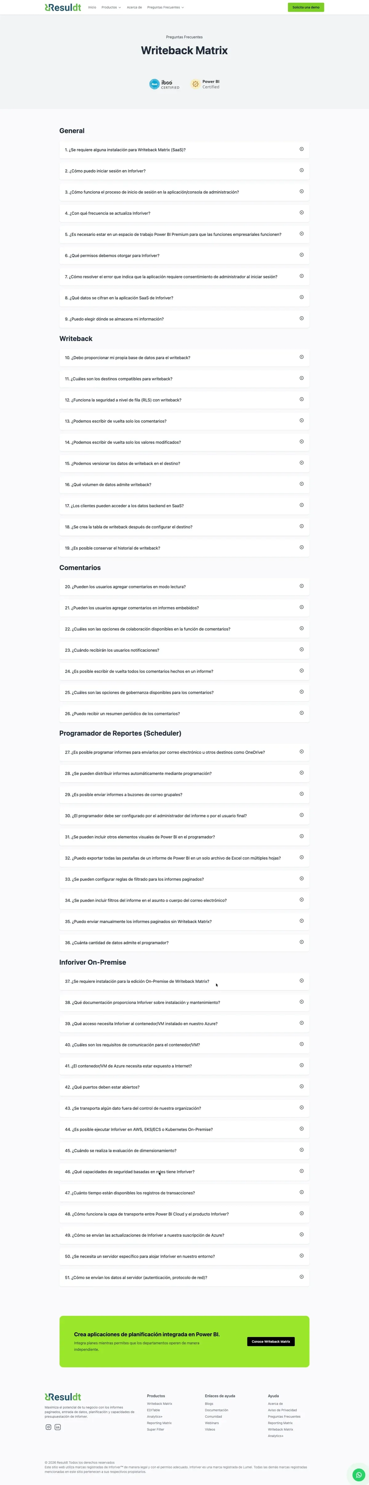Writeback Matrix FAQ page, grouped by topic