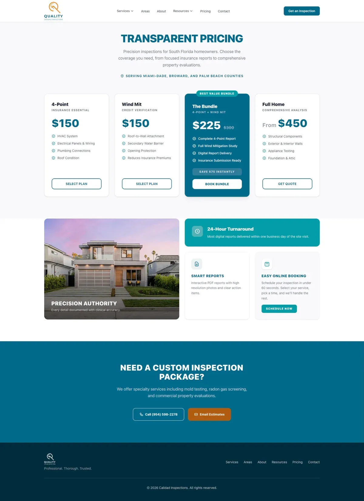 Pricing page comparing the four inspection packages